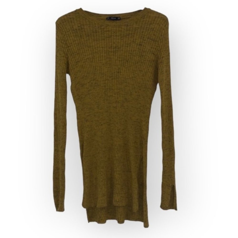 ZARA Knit Yellow Mustard Black Speckled Ribbed mini Sweater dress  Size Medium